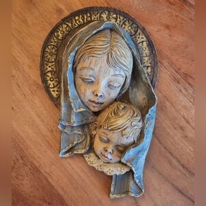 Vintage Hand Painted Madonna Mother and Child Religious Wooden Wall Sculpture